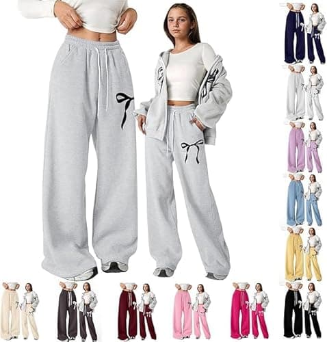 Image of Girls Baggy Sweatpants Jogging Bottoms Wide Leg Straight Sport Trousers Cute Elastic High Waist Drawstring Kids Tracksuit Fit School Trousers Comfy Pants Bowknot Pockets and (A-Grey, 13-14 Years)