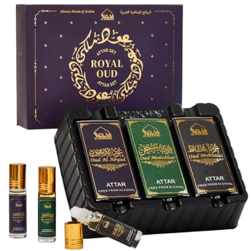 Image of Royal Oud Attar Oil Set by Dukhni | Pure original Oud oil, Islamic fragrances, Eid & Ramadan gifts for men and women | 3 assorted mini roll on perfume scents x 6ml | Arabian oud oil, arab perfumes