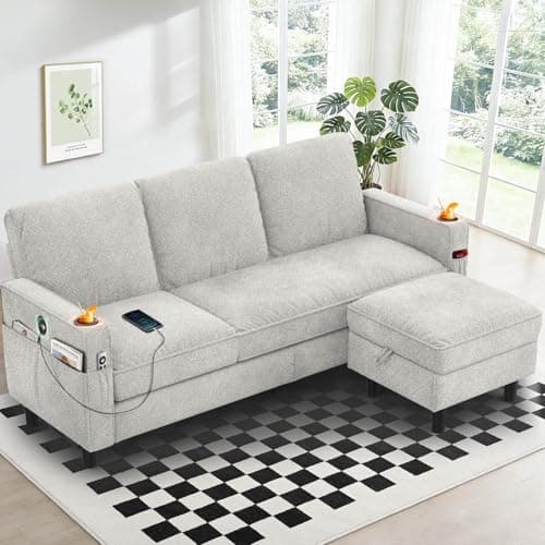 Image of Aotumm Ciort 3-Seater Sofa with Storage Ottoman Footstool, L-shaped Chaise Lounge Sofa with USB Charging Ports, 2 Cup holders, Modern Fabric Small Space Corner Sofa Couch for Living Room (Light grey)