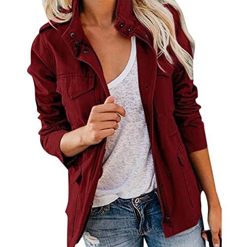 Image of Women's Transitional Stand-Up Collar Utility Jacket with More Pockets - Lightweight Summer Boyfriend Parka Cargo Jacket Plus Size Casual Military Anorak Travel Hiking Coat
