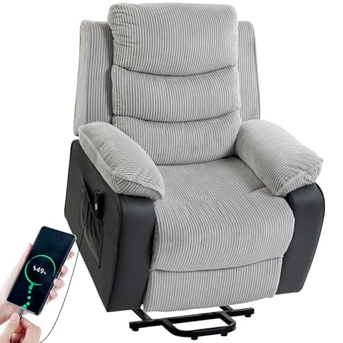 Image of HOMCOM Riser and Recliner Chair for Elderly, Corduroy Electric Power Lift Chair with Patchwork Design, Wide Seat, High Back, USB Port, 2 Side Pockets, Remote, Lift Armchair for Living Room, Light Grey