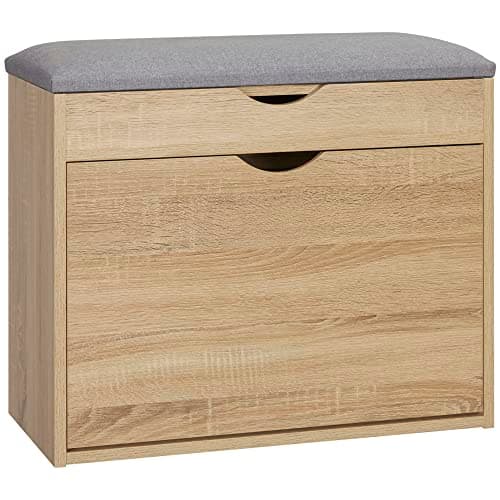 Image of HOMCOM Shoe Bench with Cushion for 4 Pair of Shoes, Storage Bench with Padded Seat, Flip-up Cabinet and Hidden Space for Entryway, Natural