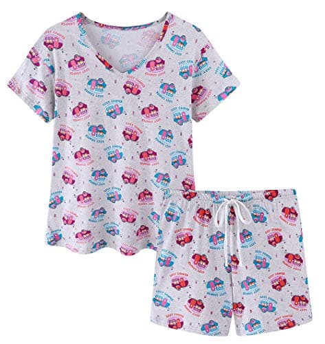Image of CHUNG Women Short Pajama Set Ladies Cotton Print Short Sleeve Top Pyjama shorts 2 Pcs V-neck T-Shirt & Bottom Pants Loungewear Size M, Grey Campervan