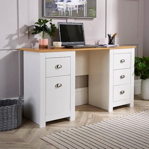 Image of Home Source Office Computer Desk, Dressing Table, 4 Drawers, 1 Cupboard, Oak Effect top, White