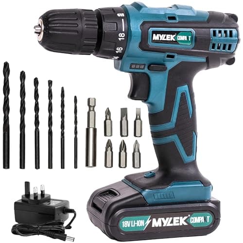 Image of MYLEK 18V Cordless Drill - Lithium Ion Drills Driver Screwdriver Set - 13 Piece Combi Accessory Kit - LED Worklight, 18 Volts Blue/Black