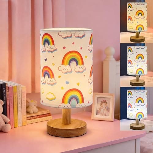 Image of Rainbow Girls’ Bedroom Lamp – Ideal Girls’ Gift | 3-Colour Dimmable Bedside Night Light, Wood Base with Linen Fabric Shade, Desk Reading Lamp for Bedroom, Lounge & Office | Birthday Present for Girls