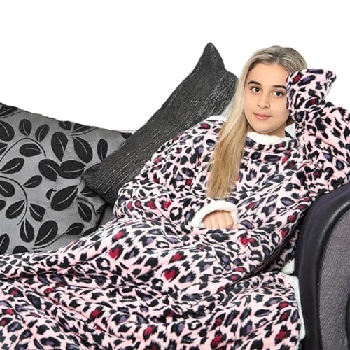 Image of A2Z Girls Wearable Leopard Print Double Layer Blanket With Sleeves Flannel Fleece Snuggle - TV DL Blkt 154 Pink_Kids