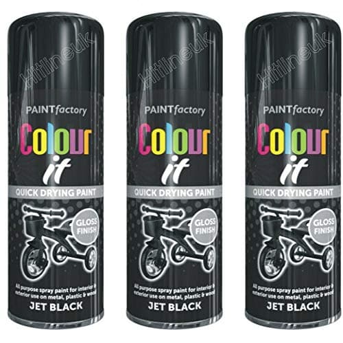 Image of HitlineUK 3 x BLACK SPRAY PAINT GLOSS 400ML AEROSOL SPRAY CAN QUICK DRYING PLASTIC METAL COLOUR IT