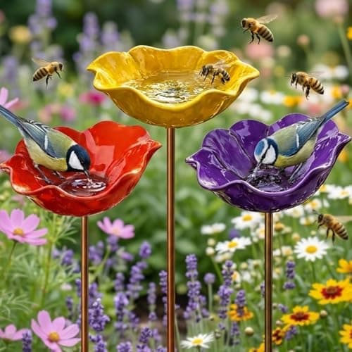 Image of ghfdaz Poppy Bird Bath Metal Garden Stakes, Bird Water Bath & Rustproof Bird Feeder, Rain Catchers For Garden UK,Style2