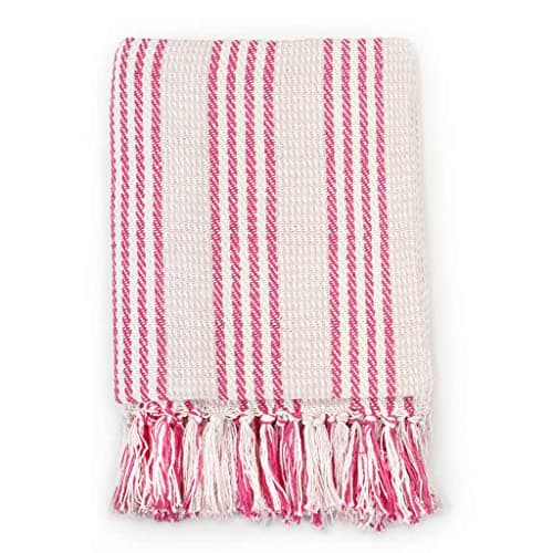 Image of RCODSSK Cotton Striped Throw Blanket 160x210 cm, Pink and White Plaid with Tassels, Soft Washable Decorative Throw for Sofa Bed or Chair