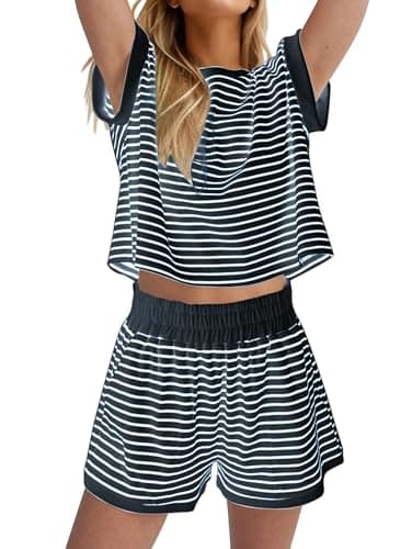 Image of Famulily Pyjamas for Women Lounge wear Sets Summer Striped Pjs Short Co ord Set Womens Pajamas Ribbed Two Piece Nightwear Top and Shorts Tracksuit Outfits Sleepwear Blue S