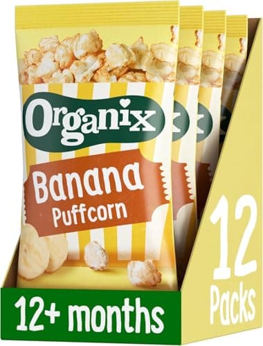 Image of Organix Banana Puffcorn Organic Finger Food Toddler Snack 12+ Months Multipack, 4 x 10 g Bags Per Pack (3 Packs Total)
