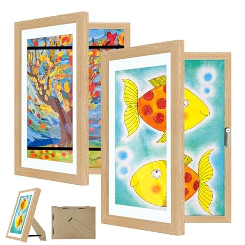 Image of 2 Pack Kids Artwork Display Frame, Kids Art Frames Front Opening A4, Childrens Storage Frame Changeable, Child Multiple Picture Frame Drawing Hanging Art, Hold 50-100 PCS, Walnut