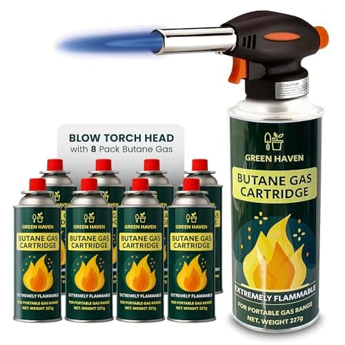 Image of Green Haven Blow Torch for Cooking Attachment Head with 8 Gas - One-Handed Gas Torch with Adjustable Flame & Safety Lock, Fits All Butane Tanks, Ideal for Creme Brulee, Desserts, BBQ, Baking