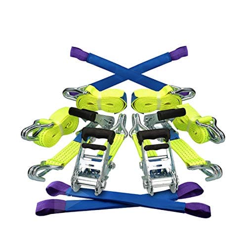 Image of TENSYS Ratchet Wheel Straps Set of 4 - Heavy Duty Car Transporter Tie Down Webbing with Claw Hooks for Recovery Vehicle Trailer Professional Towing Ratchet Belt, Yellow 4m 2000daN