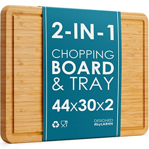 Image of Premium Organic 2-in-1 Extra-Large Wooden Chopping Board & Serving Tray – 44x30x2cm – Multi-Purpose Bamboo Cutting Board with Juice Groove for Carving Meat, Vegetables, Cheese and Bread – by LARHN