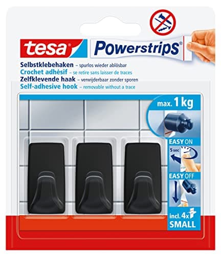 Image of tesa Powerstrips Self-Adhesive Hooks - 3 x Small Square Shaped Hooks for Tiles, Glass, Plastic and Other Surfaces - Strong Hold, Up to 1kg - Black