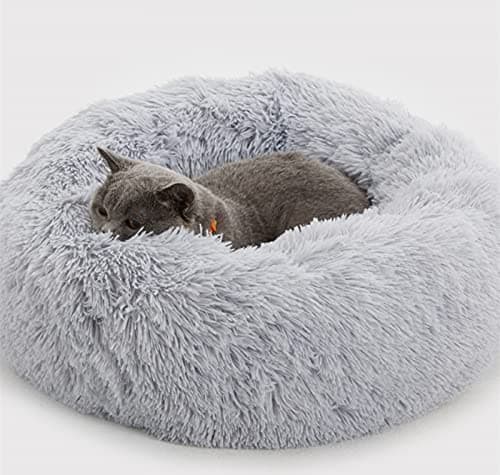 Image of Enjamoy Plush Donut Dog Bed, Calming Round Dog Cat Bed Soft and Fluffy Cuddler Pet Cushion Self-Warming Puppy Beds Machine Washable, Grey 50cm