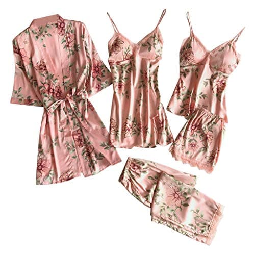 Image of PAIDAXING Women's Satin Pyjama Set Kimono Robe Silk Lace Trim Dressing Gown Soft Wedding Party Bathrobe 3/4 Sleeve Sleepwear with Oblique V-Neck 5-Piece Floral Print Pjs