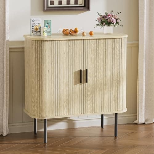 Image of BonVache Sideboard, Buffet Storage Cabinet for Living Room, Kitchen Cupboard with Tambour Sliding Door, Storage Unit for Modern Home Dinning Room,Nature