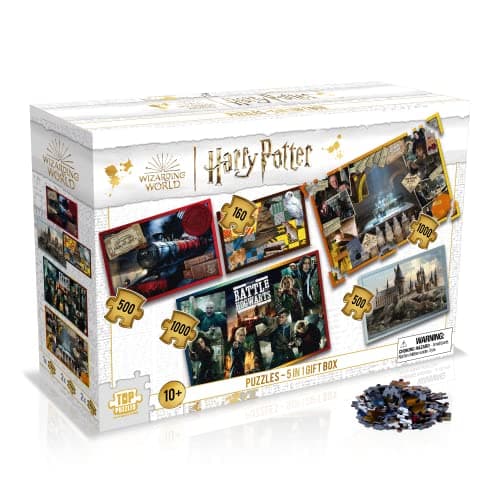 Image of Winning Moves Harry Potter 5 in 1 Gift Box Jigsaw Puzzle Game, featuring Hogwarts Castle, Hogwarts Express, Snape, Slughorn, Harry Hermione, Ron and Draco, for Adults and for Kids Aged 10 plus