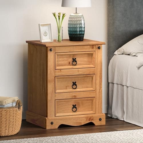 Image of Corona Chunky Solid Wood Pine 3 Drawer Large Bedside Cabinet Table Wooden Side End Lamp Unit Light Fiesta Wax Bedroom Living Room Lounge Hallway Office Mexican Style 67cm High 53cm Wide 39cm Deep