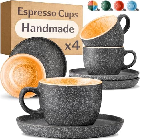 Image of Cosumy Espresso Cups and Saucers Set of 4 - Ceramic Demitasse 90ml Extra Thick - Keeps Coffee Warm Longer - Handmade Reactive Glaze - Microwave and Dishwasher Safe