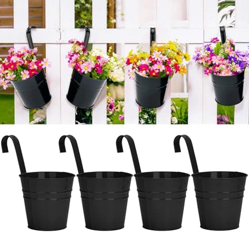 Image of KINGLAKE 4Pcs 10cm Metal Hanging Plant Pots Black, Garden Fence Hanging Planters Bucket Flower Pots Holder Balcony Planters for Railing Garden Home Décor with Detachable Hook