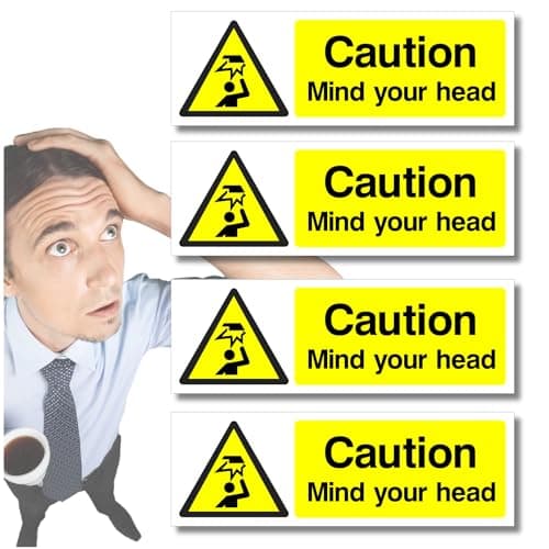 Image of Mind your Head Sign Stickers, 4x pack 300mm x 100mm – Health and Safety, Self-Adhesive Vinyl Signs, Waterproof Decals, Indoor Outdoor, Made in UK by Printkings.