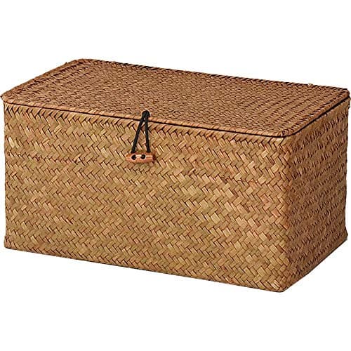 Image of DOKOT Seagrass Storage Baskets with Lids Natural Wicker Basket (Medium 30cmx18cmx15cm H)