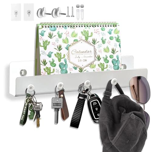 Image of Echehi 5 Hooks Metal Key Holder with Shelf, 3 Way Mounting, Space-Saving Design for Home & Office. White