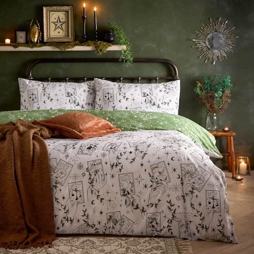 Image of furn. Celestial Stories Duvet Cover Set – Reversible Mystical Hand-Painted Botanical Tarrot Card Design (Green - Single)