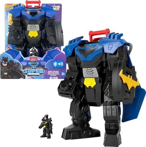 Image of Fisher-Price Imaginext DC Super Friends Batman Flight Mech with Lights, Sounds Motion & 3-inch Action Figure, 14.5-inch Toy Includes Launcher & Discs, JDL03