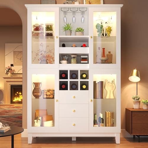 Image of Merax Wine Cabinet with LED Lights App Control 180.5cm, Tall Wine Storage Cabinet with Glass Doors, Wine Rack, Glass Holder & 3 Drawers, Kitchen Sideboard Display Cabinet Modern White