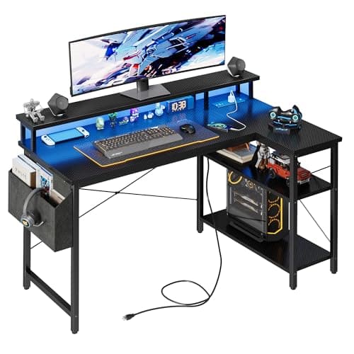 Image of Grandder L Shaped Desk with LED Lights & Power Outlets, 120 cm Gaming Desk with 2 Shelves, Computer Table with Monitor Stand, Home Office, Carbon Black