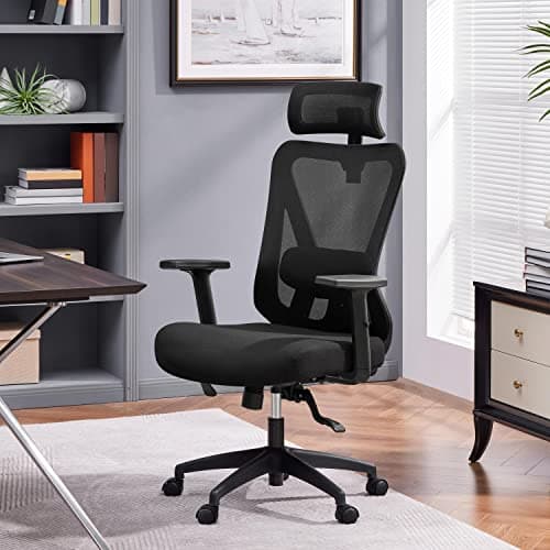 Image of Yaheetech Office Chair Ergonomic Desk Chair High Back Computer Chair Swivel Executive Work Chair with Adjustable Headrest, Lumbar Support & 2D Metal Armrest for Home Office Study, Black