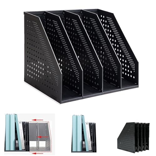 Image of Marte Vanci Collapsible Magazine File Holder Desktop Book Organiser Lever Arch File Storage Folder Document Rack Divider Adjustable for Office School Desk Shelves 4 Compartment (Black)