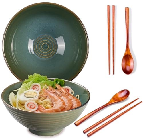 Image of Ceraozmus 2 X Ramen Bowl Ceramic - 1200ml - 20 cm - with Spoon and Chopsticks for Ramen Soup Pho Udon Asian Noodles, Large Noodle Bowls (Green Glaze 2 Set)