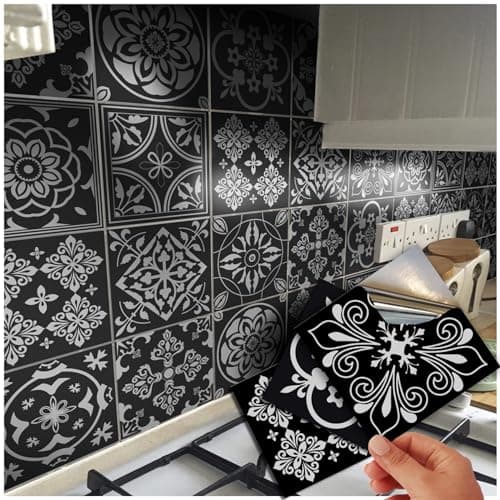 Image of 48 Black Tile Stickers Victorian Moroccan Mosaic Style Tile Stickers Transfers Cover for 6x6 15 x 15cm Tile Kitchen Bathroom Stick On Wall Peel and Stick Tile Decals