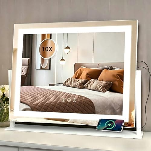 Image of Hollywood Vanity Mirror with Lights, 360° Rotation & Fully Adjustable, 19.6×15.7inch Makeup Mirror with Detachable 10x Magnifying, Charging Ports, 3 Color Modes, LED Mirror for Dressing Table Bedroom
