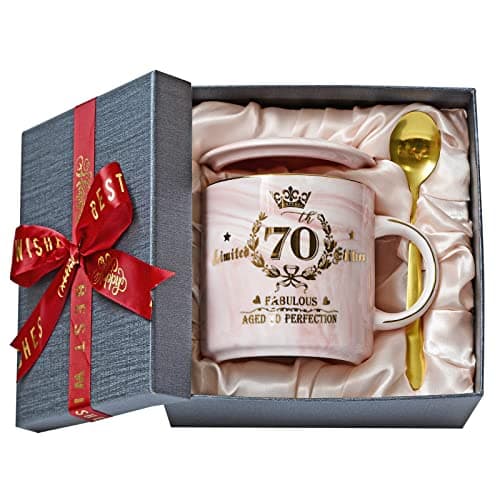Image of 70th Birthday Gifts for Women - 14oz Pink Aged To Perfection Seventy Birthday Mug Printed with Gold - Happy Birthday Keepsakes Presents for 70 Years Old Grandma Mum Nanny, with Gift Box Lid Card Spoon