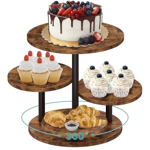 Image of ELITEROO 4 Tier Round Cupcake Tower Stand for 50 Cupcakes, Wooden Rotatable Cake Stands with Tiered Tray, Farmhouse Wood Dessert Display Platter for Birthday Graduation Baby Shower Wedding Tea Party