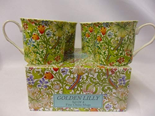 Image of Heron Cross Pottery "Abbeydale Collection" Set of 4 Gift Boxed China Palace Mugs in William Morris Golden Lily Design.