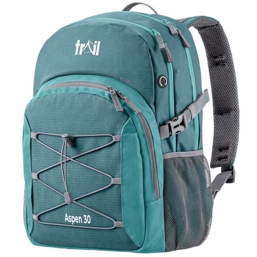 Image of Trail Aspen 30L Day Pack Backpack for School Work Hiking Camping Travelling, Breathable Padded Back & Straps, 3 Zip Compartments, Internal Pockets, Bungee Cords, USB/Headphone Port, Water Resistant