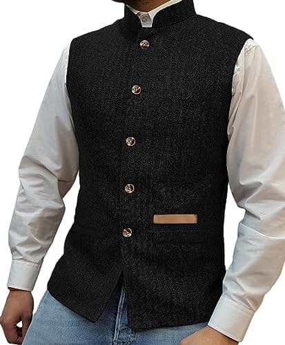 Image of Yiaisafa Mens Stand-Up Collar Suit Vests Retro Tweed Waistcoat Hipster Vintage Wedding Groomsman Wool Cowboy Lined S-3XL, Black, Medium