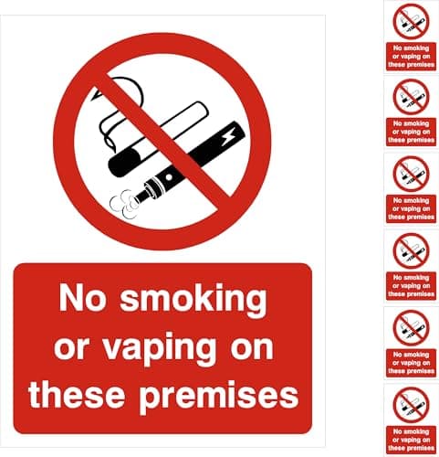 Image of No Smoking No Vaping Sign Stickers, 6x pack 100mm x 75mm – Health and Safety, Self-Adhesive Vinyl Signs, Waterproof Decals, Indoor Outdoor, Made in UK by Printkings.