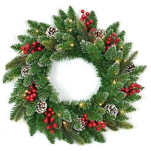 Image of 55cm Christmas Door Wreath Prelit Decorative with Warm White LED Lights Berries Pine Cones Flocked Tips Artificial Luxury Natural Looking Wall Hanging Decoration