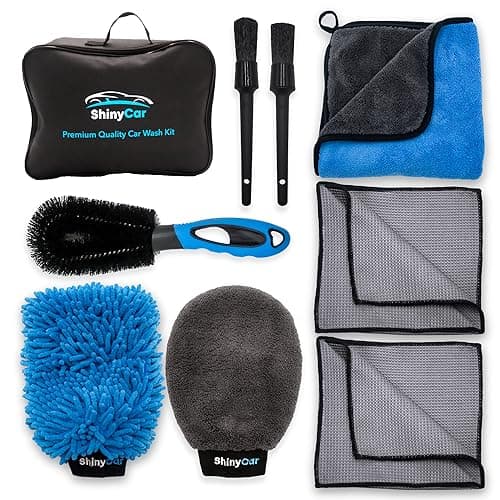 Image of ShinyCar® UK: Premium Car Cleaning Kit with Bag - Professional Washing & Detailing Set, Includes Wash Mitts, A Game-Changing Microfibre Drying Towel, Waffle Cloths & Trio Of Brushes For A Deep Clean