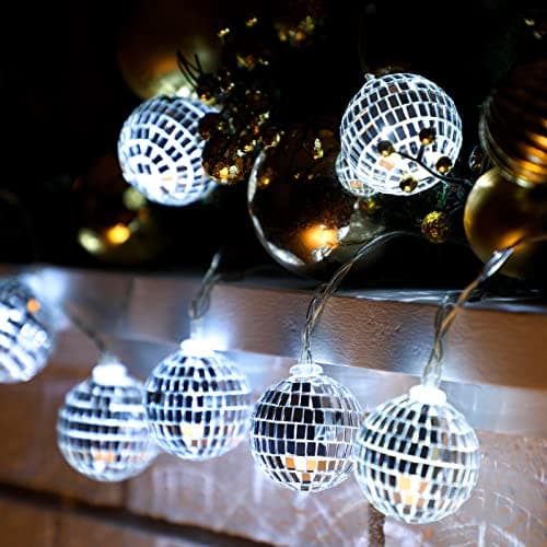 Image of BBTO 10 Pcs LED Disco Ball String Light 2 Inch Battery Powered Mirror Ball Ornaments 70s 80s 90s Disco Party Supplies(Silver)