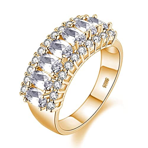 Image of Uloveido 7 Stones Crystal Half Eternity Ring for Mom CZ Wedding Engagement Band Fashion Jewelry Gifts for Mother's Day (Size P1/2, White) J501
